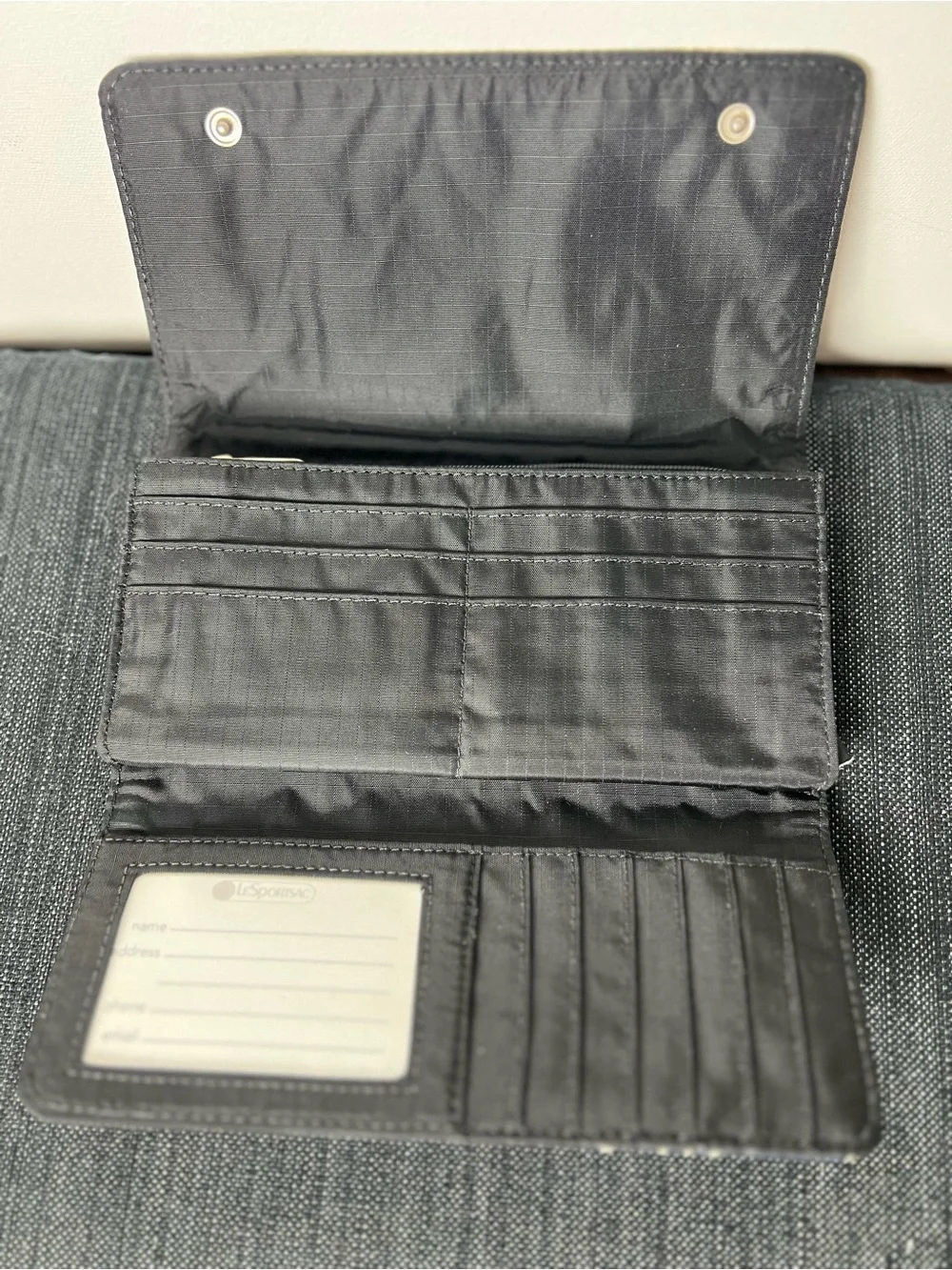 LeSportsac Navy Trifold Wallet with Embroidered Lead Pattern Nylon